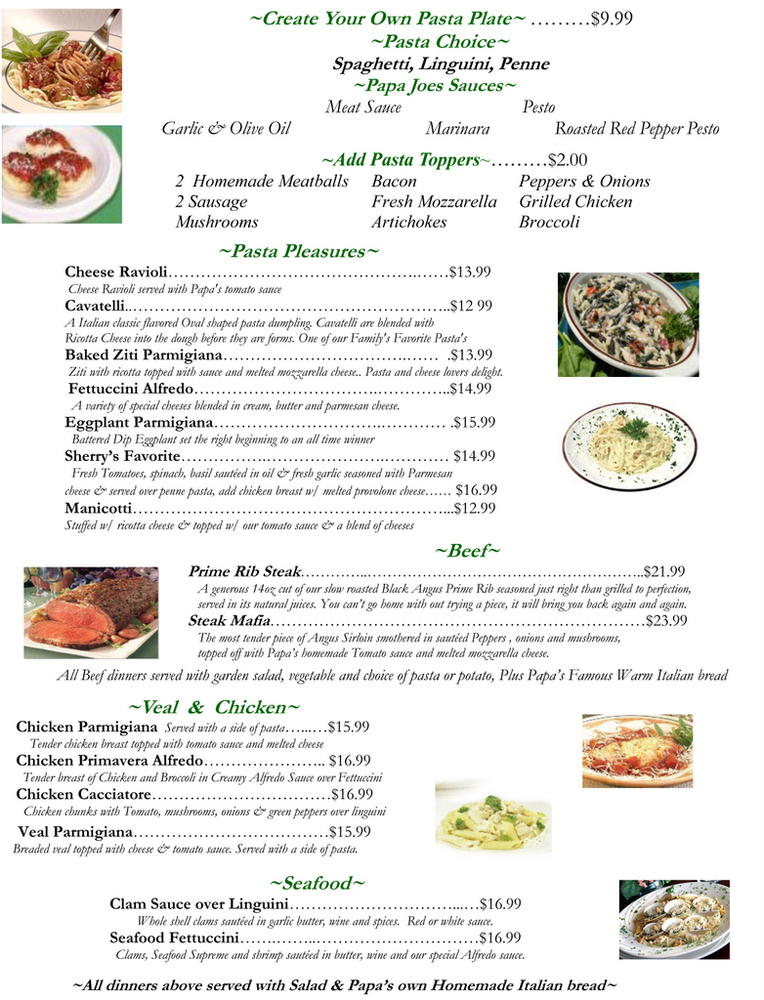 PAPA JOE'S ITALIAN RESTAURANT, Orland Park - Menu, Prices