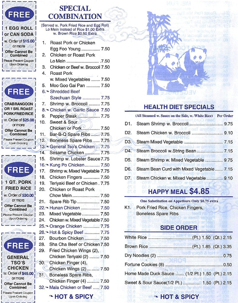 Menu for Panda Garden Cantonese takeaway in Bilborough, Nottingham